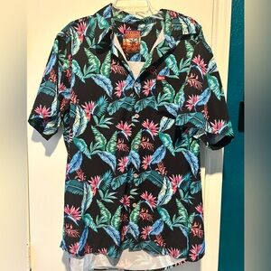 DIXXON Black Shirt with Blue and Pink Tropical Print